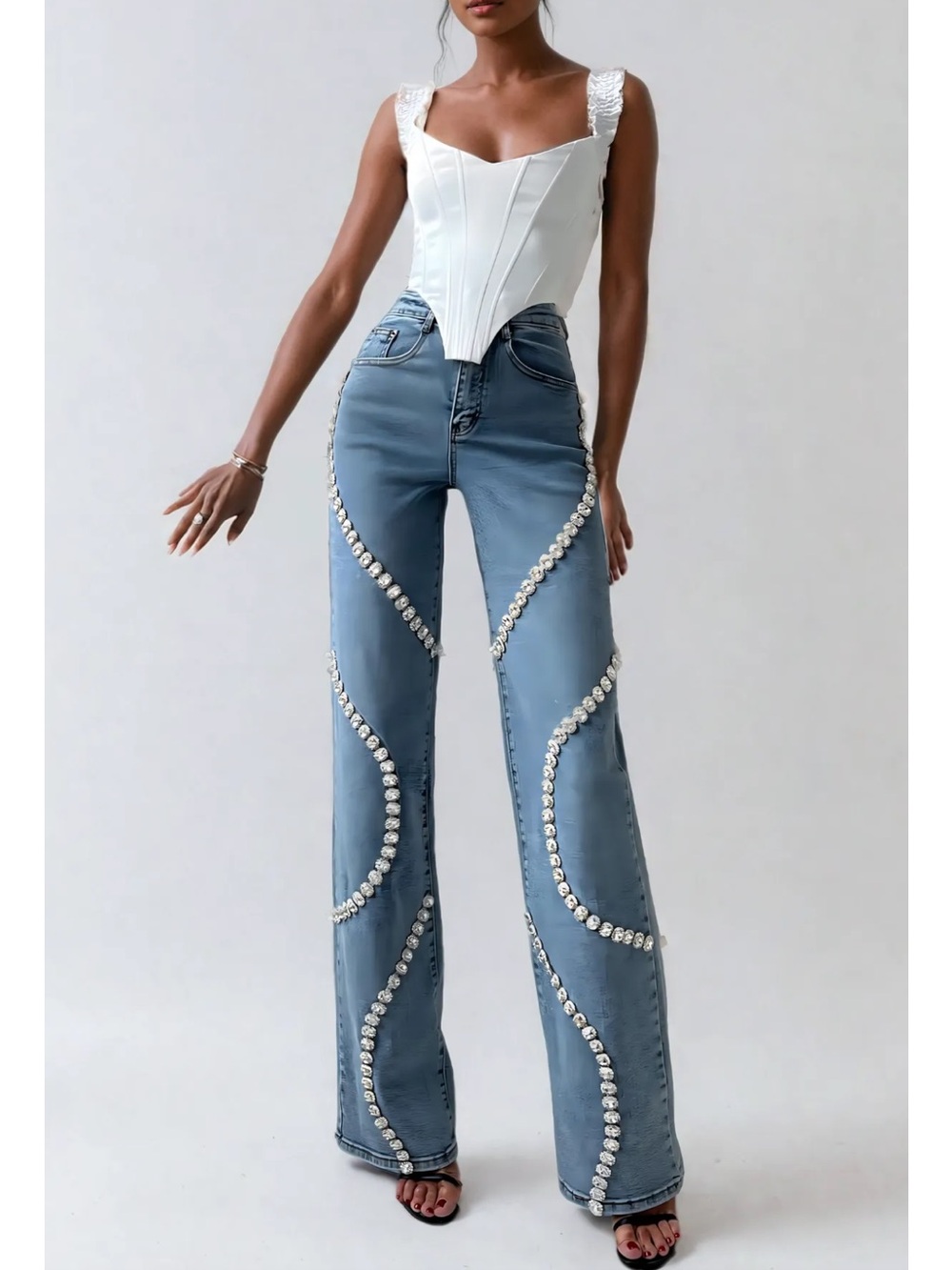 NWT INNOVARE DENIM SIZE S WIDE LEG JEANS Bagheera Rhinestone Stripe
